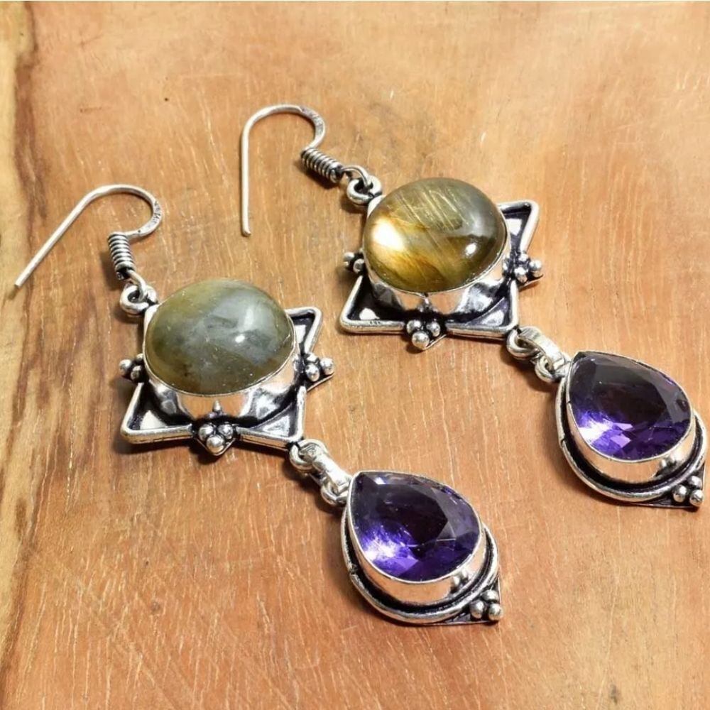 Labradorite Amethsty Handmade Drop Dangle Earrings Jewelry 2.72"